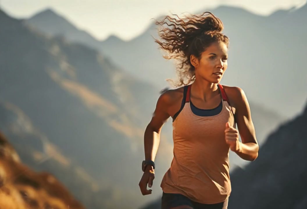 Woman running on a sunlit mountain trail in a tank top and sports watch