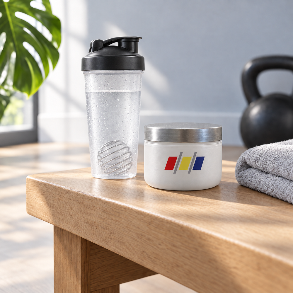 Active Essentials jar and shaker beside a kettlebell and gym towel